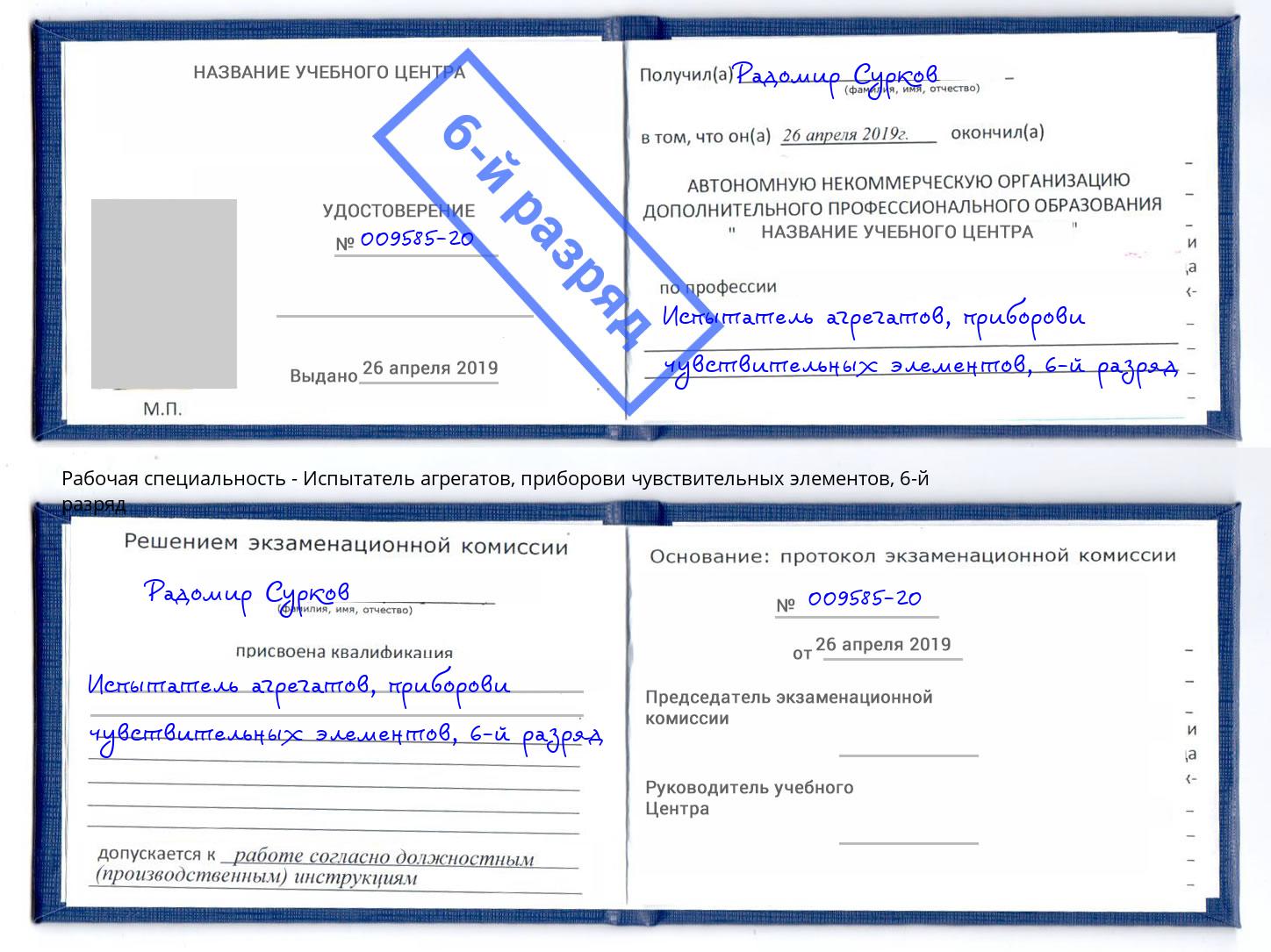 корочка 6-й разряд Испытатель агрегатов, приборови чувствительных элементов Ржев