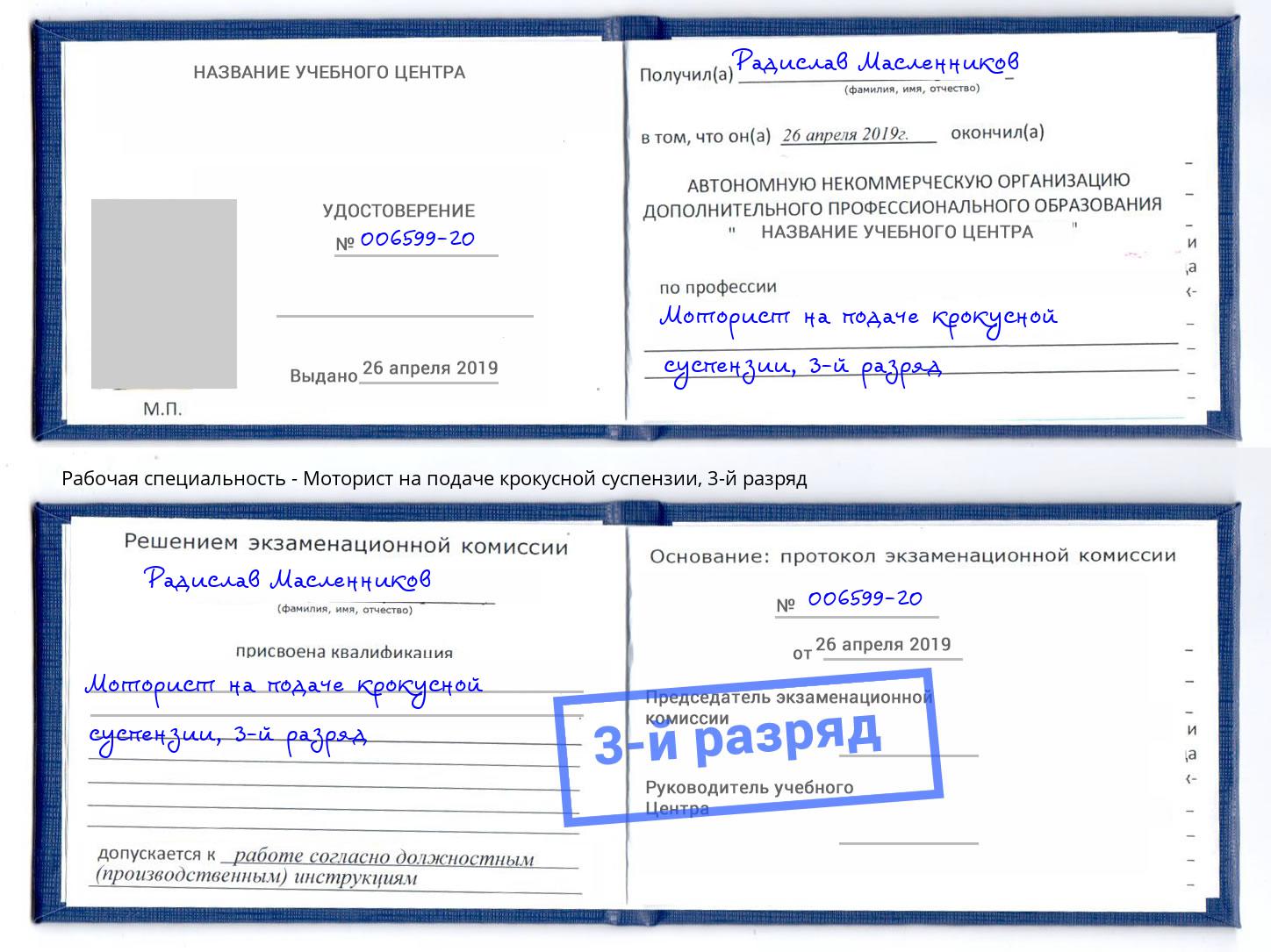 корочка 3-й разряд Моторист на подаче крокусной суспензии Ржев