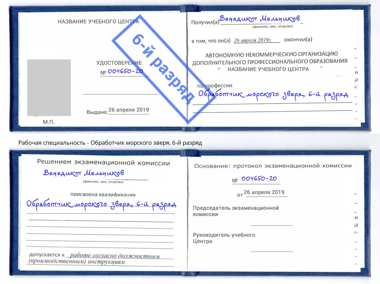 корочка 6-й разряд Обработчик морского зверя Ржев