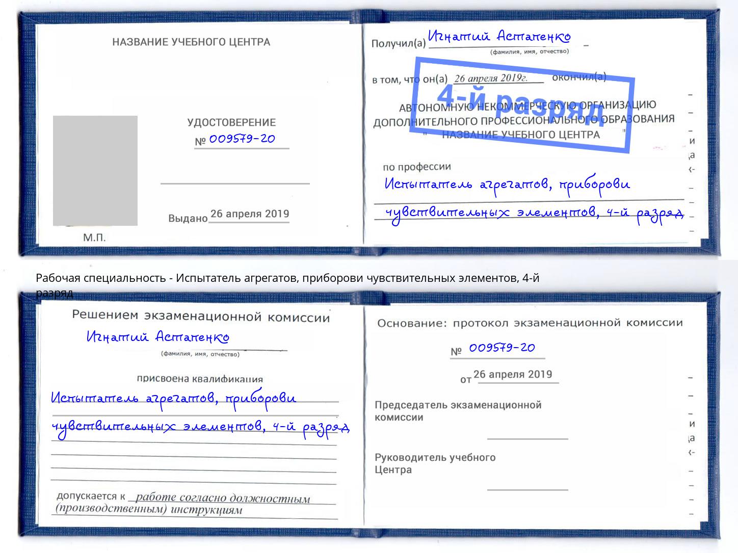 корочка 4-й разряд Испытатель агрегатов, приборови чувствительных элементов Ржев