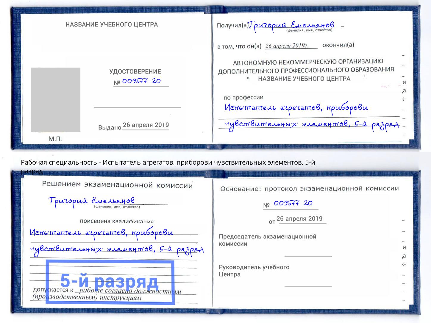 корочка 5-й разряд Испытатель агрегатов, приборови чувствительных элементов Ржев