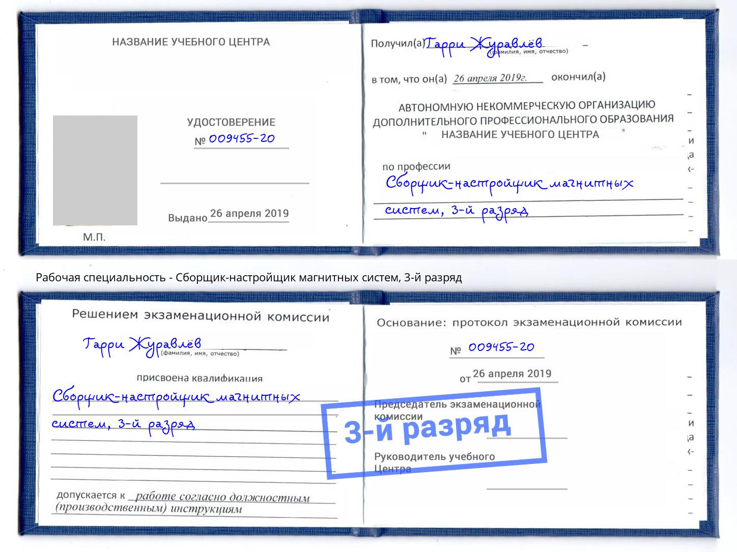 корочка 3-й разряд Сборщик-настройщик магнитных систем Ржев
