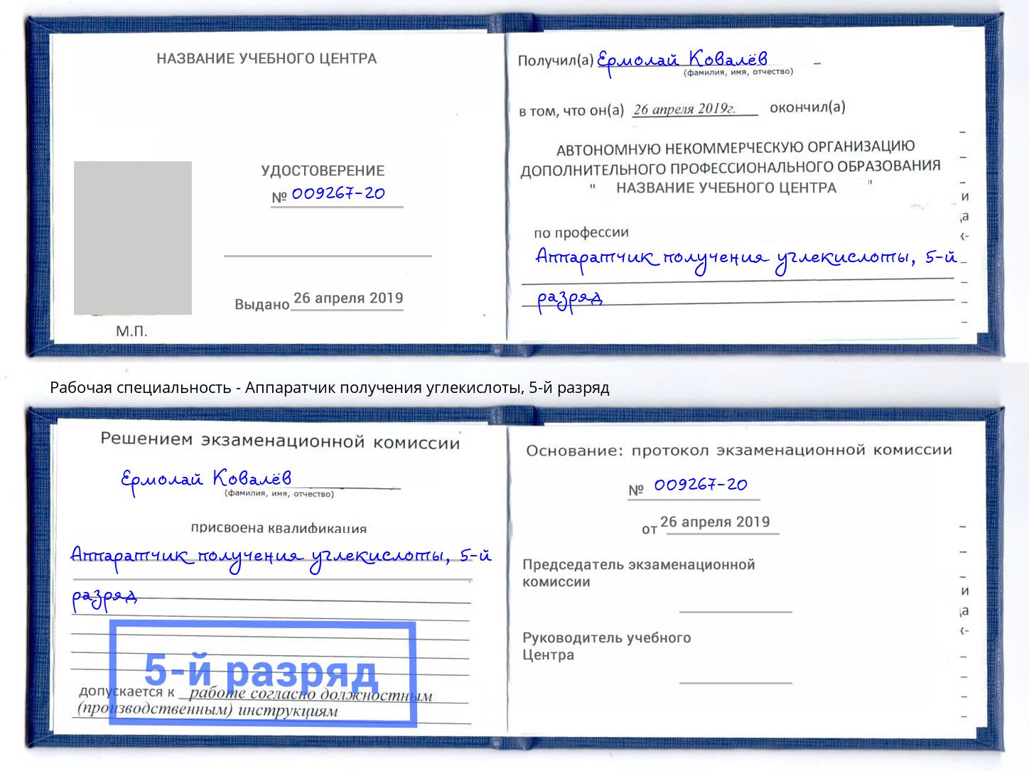 корочка 5-й разряд Аппаратчик получения углекислоты Ржев