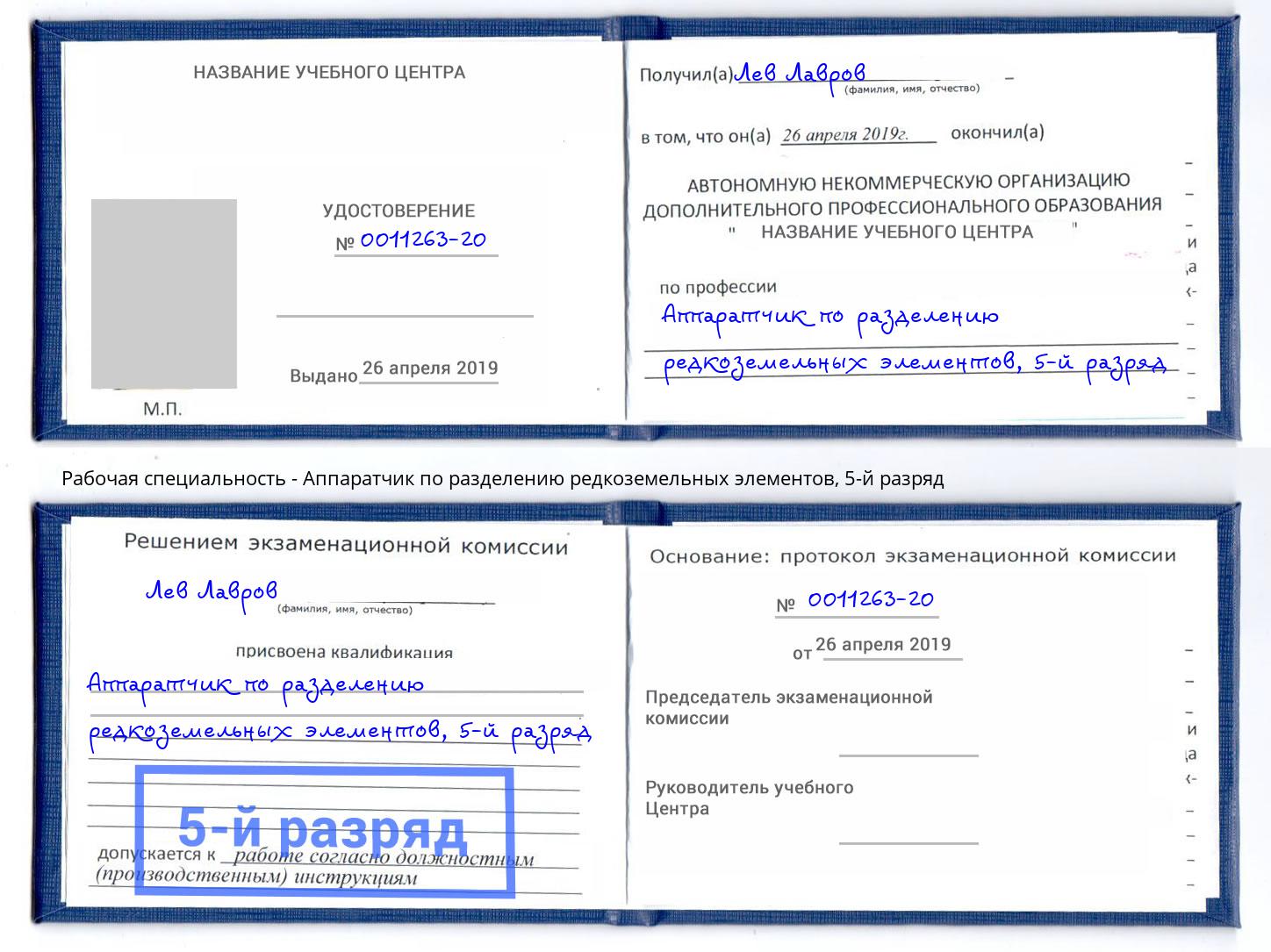 корочка 5-й разряд Аппаратчик по разделению редкоземельных элементов Ржев